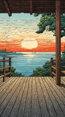 Fototapeta premium PNG Illustration of wooden pier lake view architecture building outdoors.