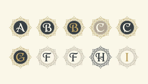 Luxury vintage monograms with ornate borders featuring alphabet letters inside elegant round golden frames on beige.