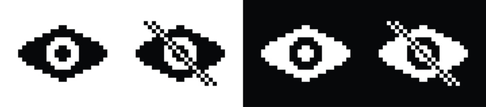 Eyes icon pixel art style. See and unsee eye icon. View and preview icon, vector illustration black and white.