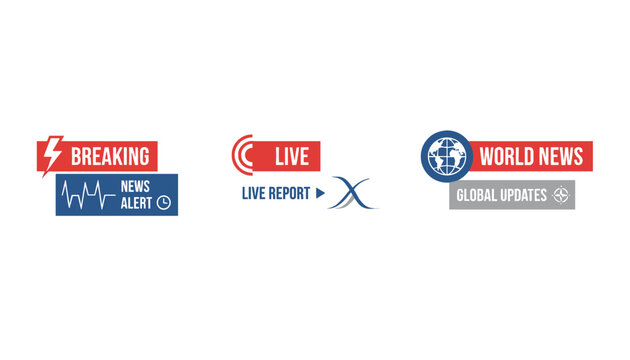 Graphic templates for live news broadcasts including Breaking News Alert, Live Report, and World News Global Updates.
