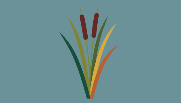 Minimalist flat design illustration of colorful green and yellow cattail bulrush plants on a blue-grey background.