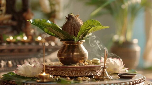 Hindu kalash pot with coconut and mango leaves for traditional ritual