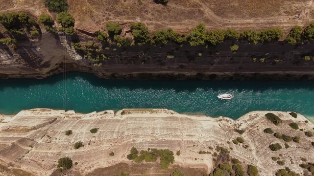 Small Sailing Yacht Crossing the Corinth Canal in Greece