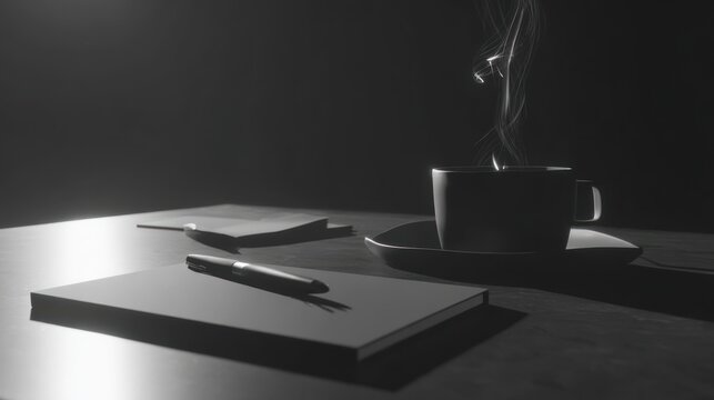 Dramatic still life coffee cup notebook and pen on a dark surface