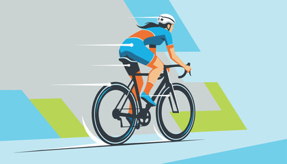 Fototapeta premium Dynamic illustration of a female athlete riding a racing bicycle fast against a modern abstract geometric landscape.