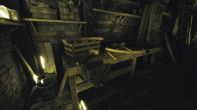 Worn craftsman bench cluttered with planks, chisels, clamps and lamp focused workspace vibe with scattered sawdust, stacked boards and utilitarian lighting