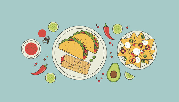 Delicious Mexican food layout featuring hard-shell tacos, tamales, nachos with cheese, salsa, avocado, and fresh limes.