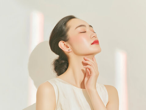 美容, 女性, スキンケア, 化粧品, ビューティー, 若い女性, 美肌, 日本人, アジア人, フェイシャル, メイク, 美容液, 保湿, クリーム, エイジングケア, 美容医療, エステ, 美容クリニック, 肌ケア, ナチュラルメイク, 透明感, ツヤ肌, モデル, 笑顔, ポートレート, クローズアップ, リラックス, 癒し, 健康的, 美白, コラーゲン, ヒアルロン酸, アンチエイジング