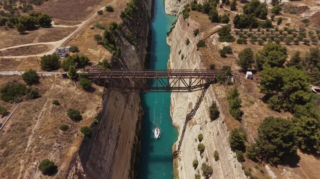 Sailboat Navigating the Historic Corinth Canal, Aerial view