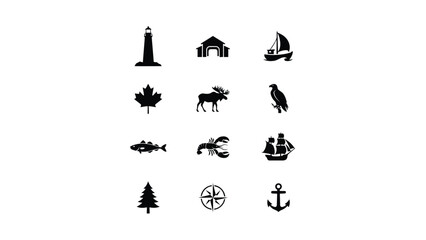 Obraz premium Black and white minimalist icons set featuring coastal forest and wildlife symbols in silhouette style with high contrast black silhouettes arranged grid