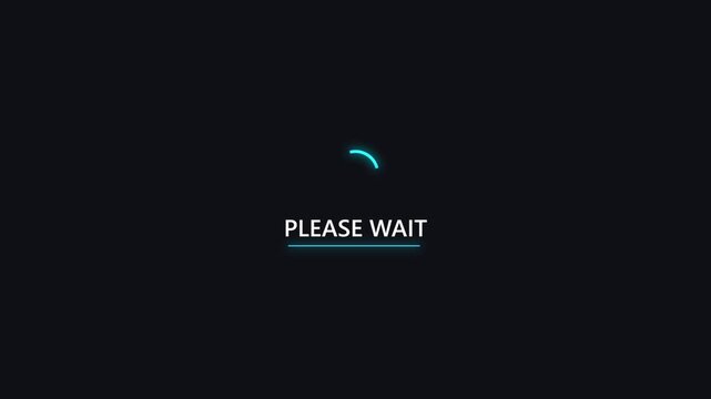 4K Please Wait Loading Screen Animation with Minimal Spinner and Blue Cyan Glow on Dark UI Background