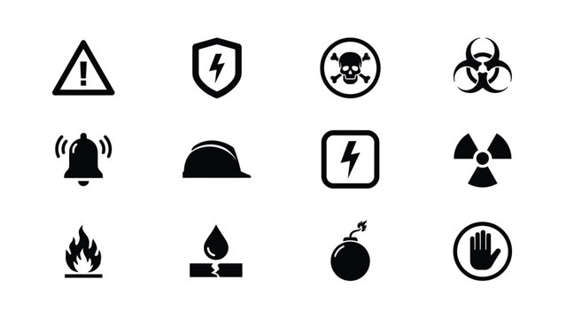 Minimalist black hazard warning icons set featuring alerts radiation fire with each rendered bold black against neutral white background monochromatic collection twelve