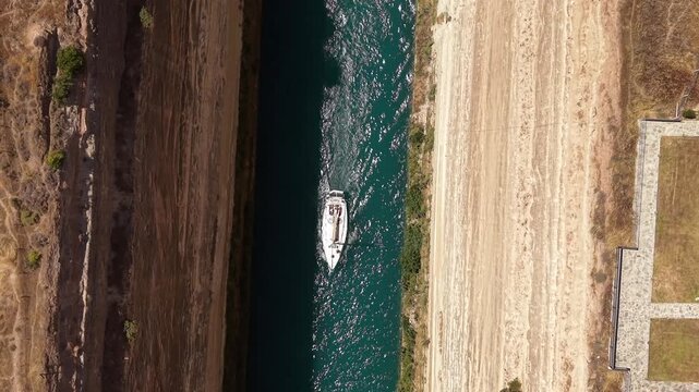 Sailboat Navigating the Historic Corinth Canal, Aerial view