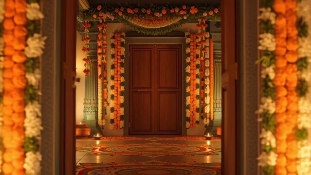 Traditional Hindu temple entrance decorated with flowers and oil lamps