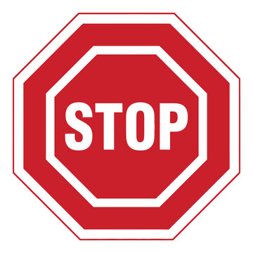 Red octagonal road sign with white border and stop text icon