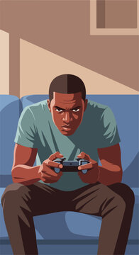 Focused individual engrossed in a video game on a couch