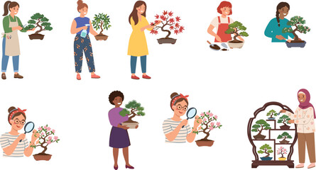 Fototapeta premium Bonsai Care and Gardening Icon Set Featuring Diverse Female Characters Pruning Spraying Examining and Displaying Miniature Japanese Potted Trees