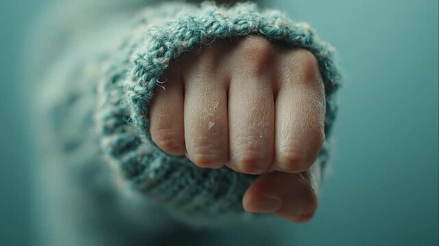Clenched fist in blue textured sweater sleeve.