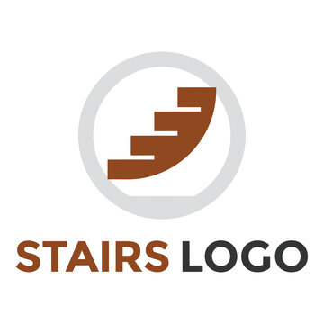 Staircase steps logo design with gray circle and brown stairs symbol icon
