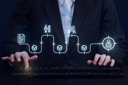 Confident recruiter manages hiring process workflow selecting ideal candidate virtual screen interface digital human resource technology