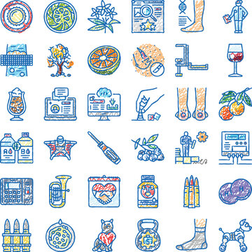 Diverse collection of hand drawn doodle icons featuring various objects and concepts, including food, technology, medicine, sports, and everyday items with vibrant colors