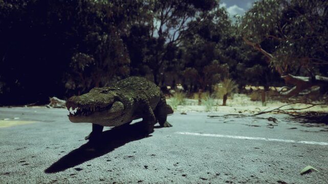 Dusky urban crocodile topiary prowling pavement, cinematic low light with streetlamp glow and deep shadows, dense moss texture and exposed teeth framing quiet