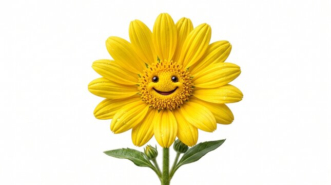 Happy yellow flower with smiling face, realistic petals, vibrant natural colors, macro detail, premium quality, isolated on transparent background.