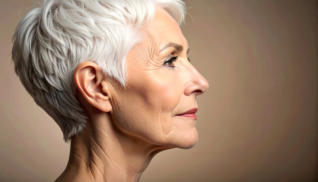 A precise side-profile portrait of a woman with short white hair creating a calm dignified beautiful minimal photograph generative AI