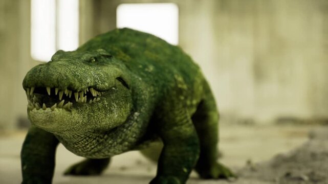 Intense moss crocodile gaze framed in close view, sharp teeth and textured snout dominate foreground, wet skin highlights and brutal expression evoke primal