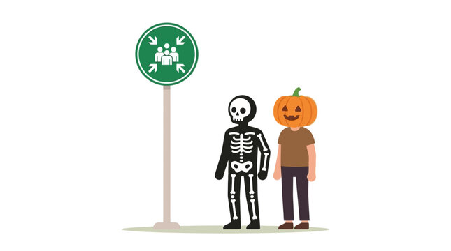 Skeleton and pumpkin head characters at emergency assembly point sign