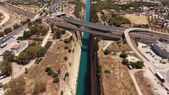 Sailboat Navigating the Historic Corinth Canal, Aerial view