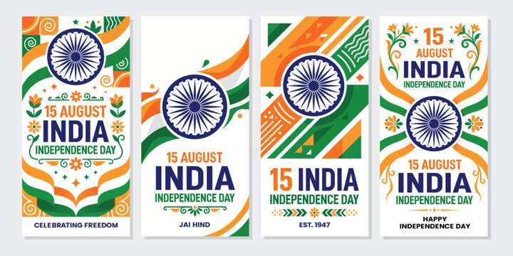 A vibrant collection of Indian Independence Day posters with colorful designs and patriotic themes