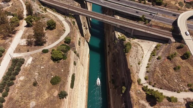 Small Sailing Yacht Crossing the Corinth Canal in Greece