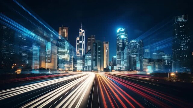 Spectacular nighttime skyline of a big modern city at night. View on highways and skyscrapers. Blurred night cityscape with lights. Panoramic city view with car light trails at night.