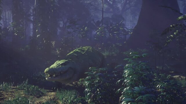 Twilight swamp crocodile halfhidden under ferns, cool blue palette, low fog curling between trunks, eyes reflecting faint light, palpable tension and stealthy