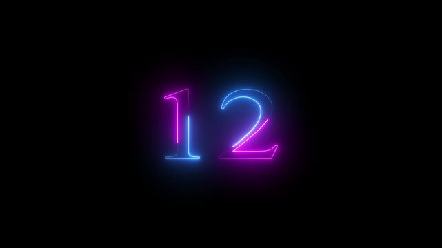 Modern glowing blue and pink neon number 12, Motion graphics of text 12 number icon on a black background 4k video.