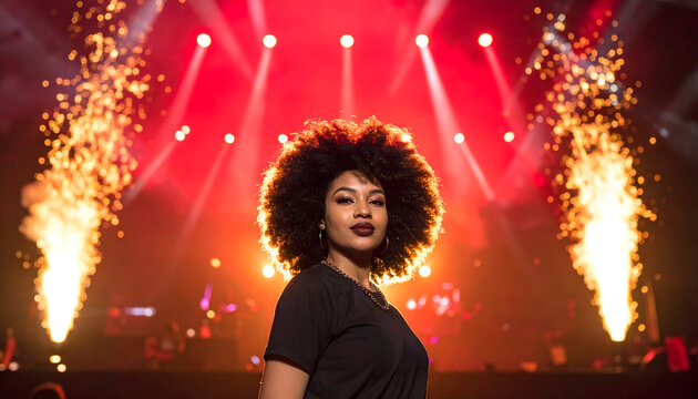An upper body portrait of a young woman at rock concert creating a powerful joyful dynamic cinematic atmosphere photograph generative AI
