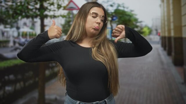 Young hispanic woman showing thumbs up and thumbs down with expressive face on a city street; indecision.