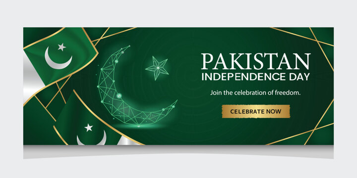 A digital illustration celebrating Pakistan Independence Day with a green background and gold accents