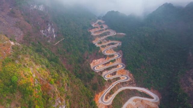 Aerial drone view of Khau Coc Cha Mountain Pass with 15 Hairpin Turns in Cao Bang, Vietnam