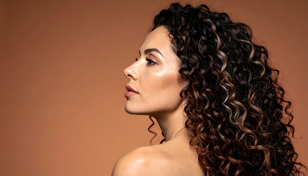 Woman curly hair portrait photography posing in studio lighting creating vibrant calm minimal aesthetic generative AI