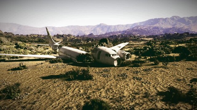 Sunlit desert plane wreck amid scrub, broken fuselage and bent propeller against distant mountains, warm heat haze over sandstrewn relic, eerie solitude