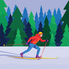 Obraz premium Person skiing through snowy pine forest