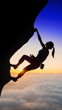 Female rock climber hanging on a cliff overhang at sunset evokes a powerful adventurous courageous triumphant sublime mood generative AI