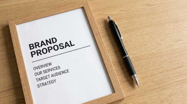 Brand proposal document and pen on wooden desk with wooden frame black advertising marketing workspace business strategy with office