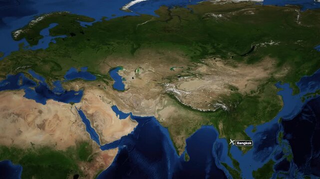 Animated Flight Route Map from Bangkok to Helsinki with Airplane Icon