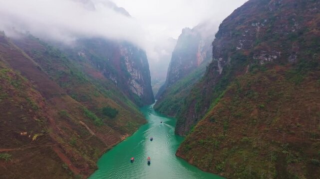 Aerial drone view of Nho Que River and Tu San Canyon in Ha Giang, Vietnam