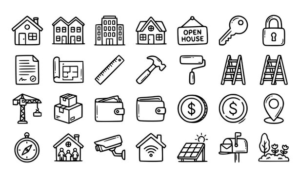 Hand Drawn Real Estate Property Doodle Icon Pack for Home Construction and Housing Concepts