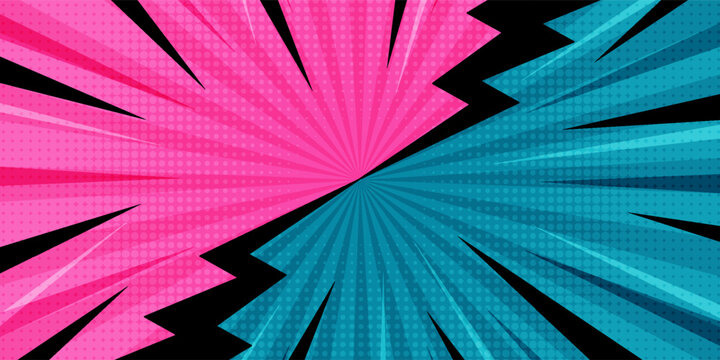 Comic VS Battle Background with Lightning Bolt, Abstract Pink and Blue Pop Art Sunburst Backdrop, Creative Versus Presentation Banner, Modern Superhero Action Web Header Design Template Layout