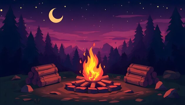 A vibrant campfire burns brightly in a dark forest at night under a crescent moon. Camping adventure and outdoor.
